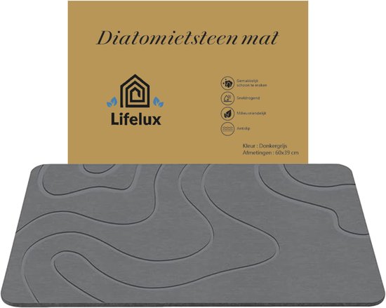 LifeLux Diatomiet stenen badmat antislip 60x40cm - Sneldrogend antibacterieel donkergrijs douchemat - Ecologische badmatten 2025 diatomite badmat