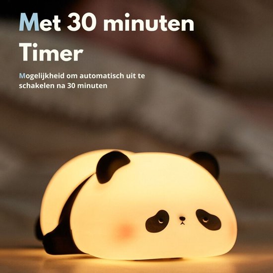 Gloeiende panda nachtlamp, zacht verlicht, met roze wangen en aanraaksensor functie.