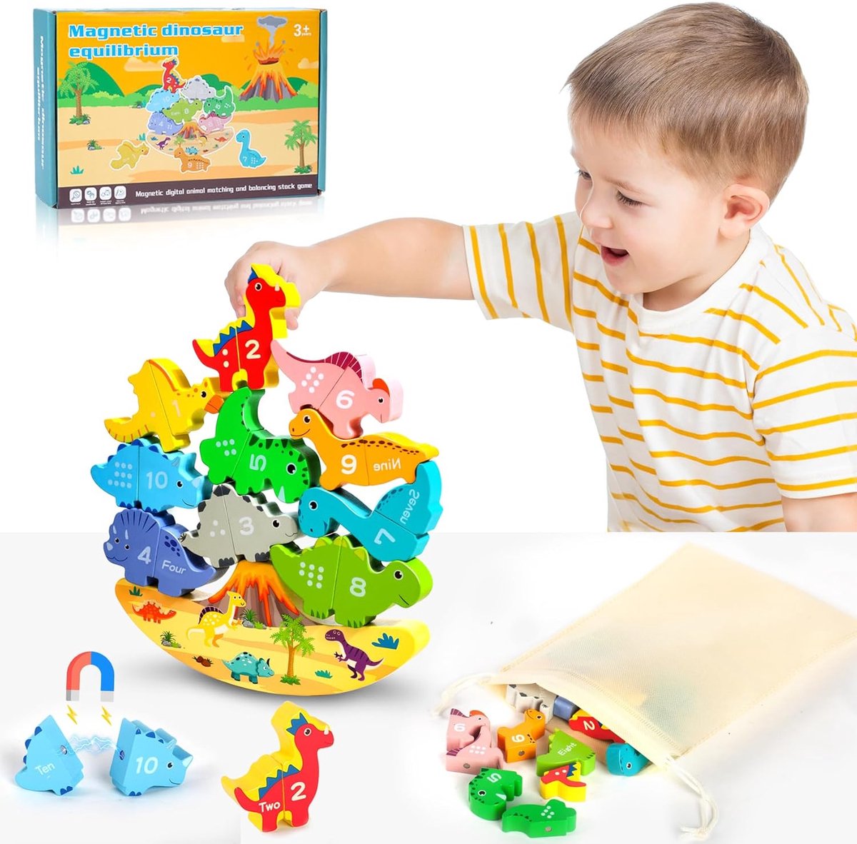 Magnetisch Dinosaurus Stapelspel - Educatief Houten Speelgoed voor Kinderen van 3-6 Jaar