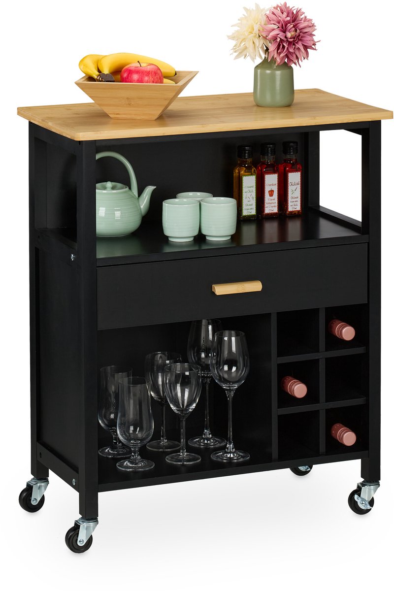keukentrolley met wijnrek - lade - 80x65x35 cm - bamboe werkblad - zwart