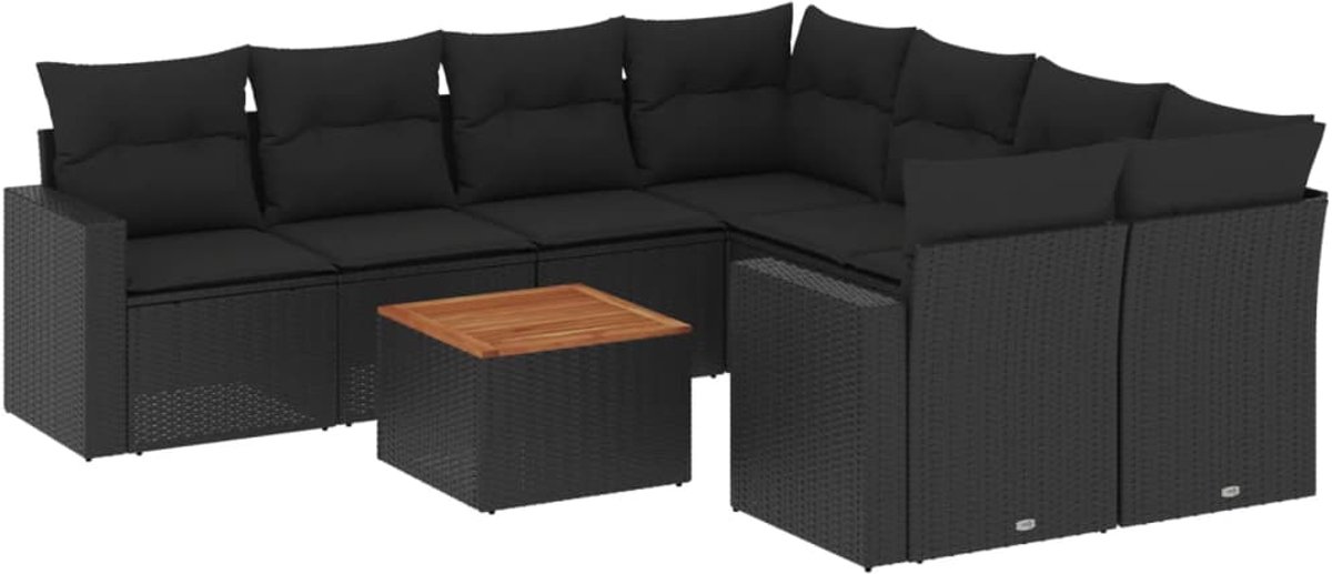 The Living Store 9-delige Loungeset met kussens poly rattan zwart - Loungebank - Lounge Set - Buitendecoratie - Tuinmeubels - Poly Rattan