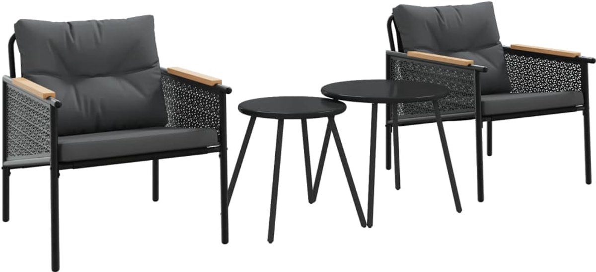 Zwart metalen balkonset met kussens - tuinmeubilair voor buiten.