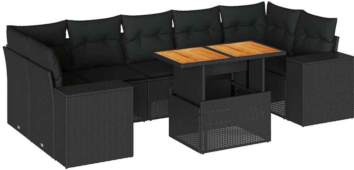 Zwarte poly rattan loungeset met kussens voor tuinmeubelen en loungehoek.