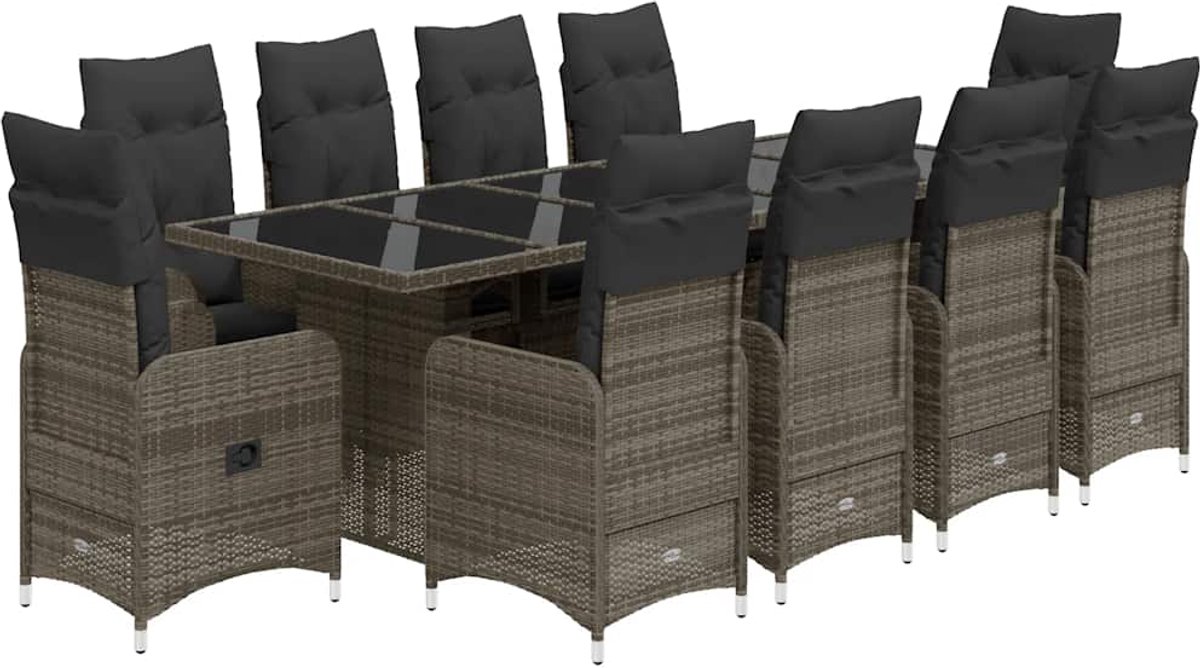 The Living Store 11-delige Bistroset met kussens poly rattan grijs - Tuinstoel - Bistroset - Lounge Set - Buitenshuis Zitten - Poly Rattan
