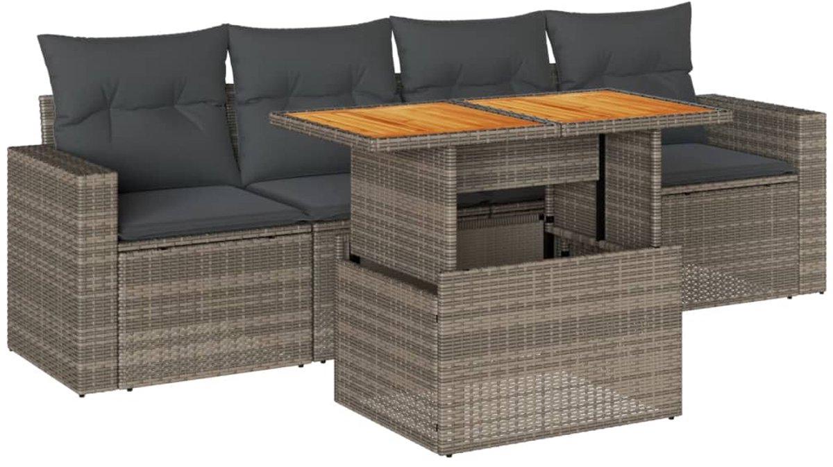 The Living Store 5-delige Loungeset met kussens poly rattan grijs - Loungebank - Tuinbank - Lounge Set - Buitendecoratie - Outdoor Living