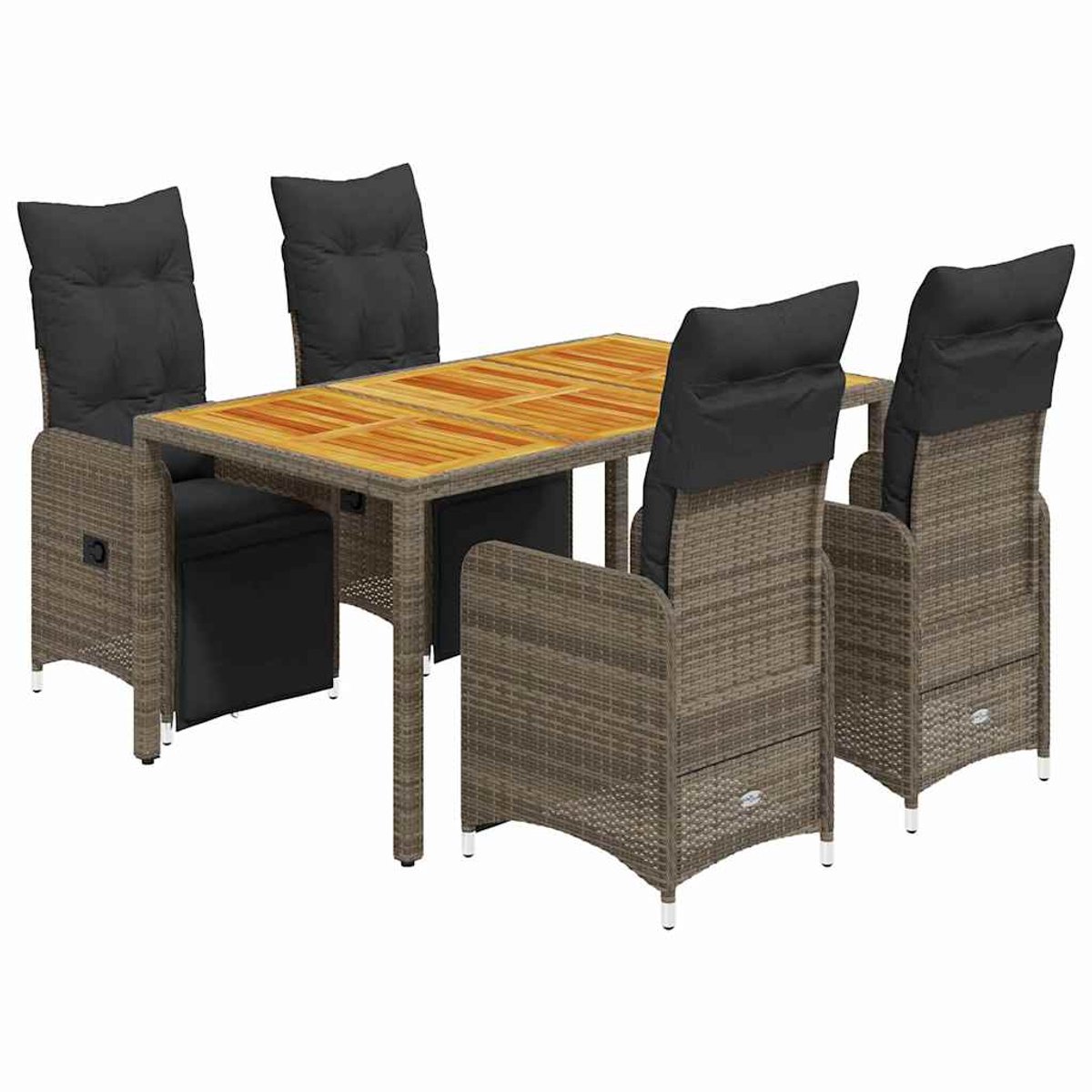 Grijze poly rattan bistroset met kussens voor tuin- en terrasinrichting.