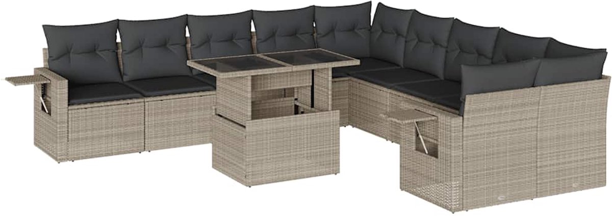 11-delige Loungeset in lichtgrijs poly rattan met kussens - Buitendecoratie.