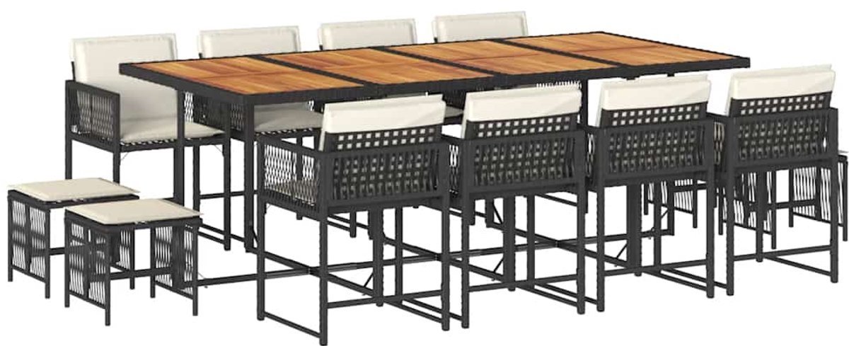 The Living Store 13-delige Tuinset met kussens poly rattan zwart - Tuinmeubel Set - Lounge Dining Set - Poly Rattan - Buitendecoratie - Eetkamerset