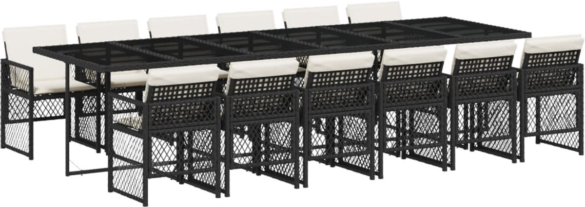 The Living Store 13-delige Tuinset met kussens poly rattan zwart - Tuinmeubel Set - Buitenkamer Set - Lounge Set - Eetkamer Set - Ratten Meubel