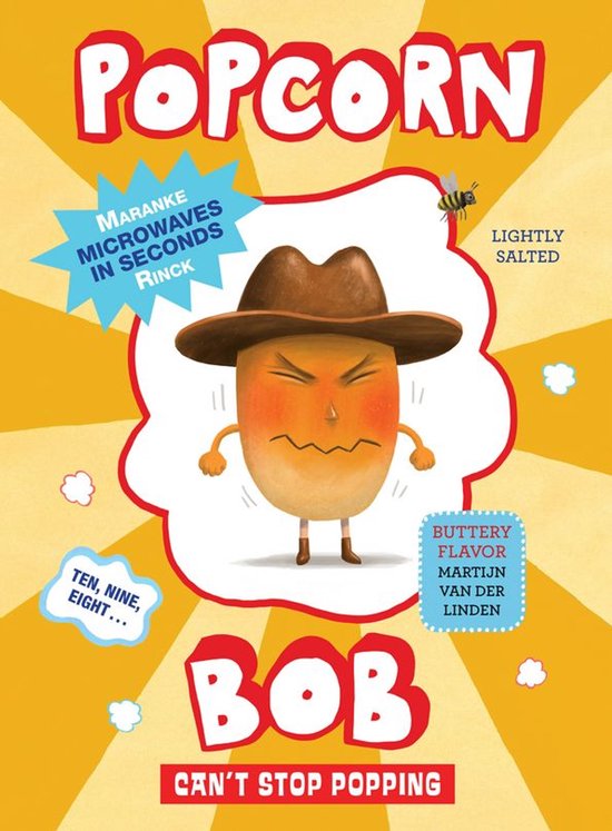 Boek "Popcorn Bob Can't Stop Popping" met een geanimeerde, boze popcornfiguur met hoed. Licht gezouten, boterachtige smaak. "Maranke microgolven in seconden Rinck", "Ten, nine, eight..."