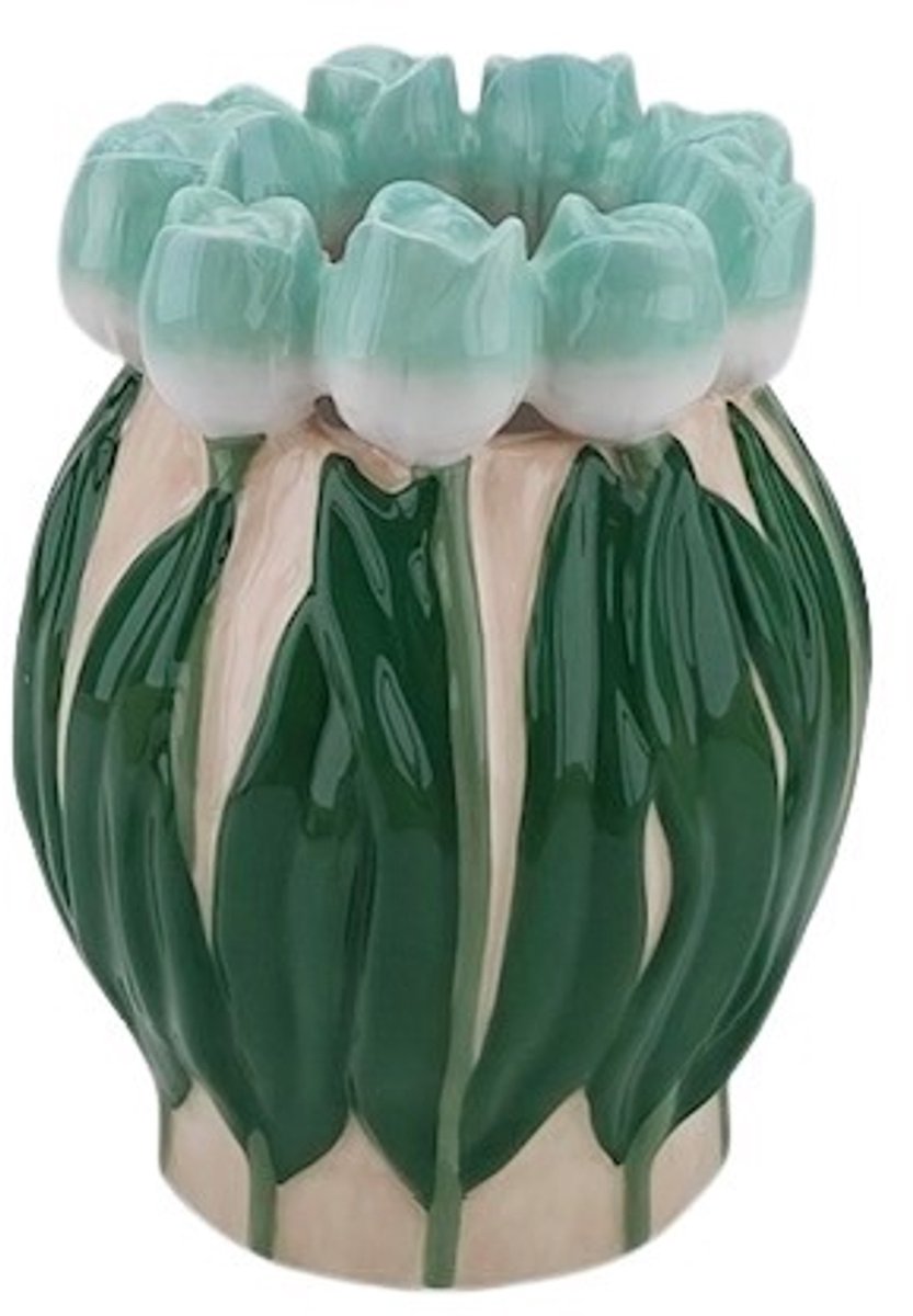 Housevitamin Vaas- Bloemen Vaas met Tulpen rand - Dolomiet - Licht Groen/ Groen- 14x14x18cm