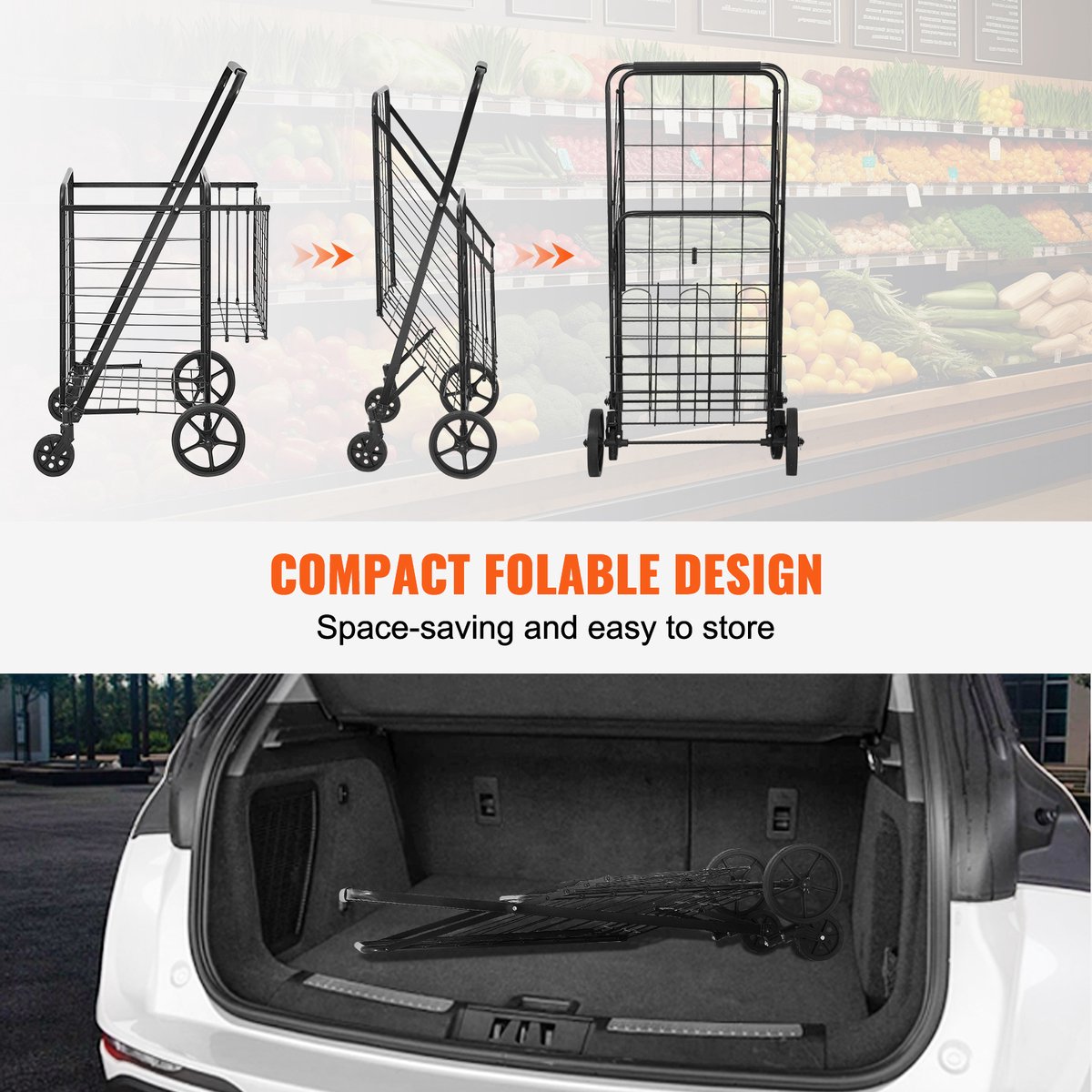 Jumbo – Chariot de courses pliable avec double panier et roues à 360 degrés, chariot utilitaire pour épicerie, linge, livre, bagages, voyage (noir
