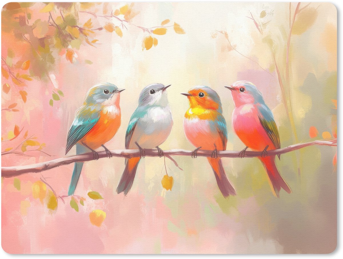 Muismat 23x19 cm - Mousepad Vogels - Kleurrijk - Tak - Muismatten