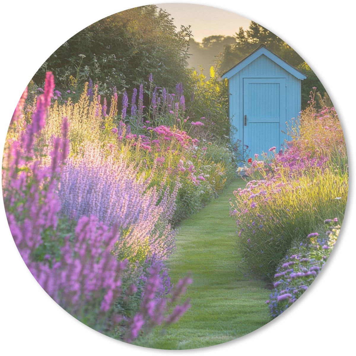 Muismat rond 20x20 cm - Mousepad Tuinhuisje - Blauw - Bloemen - Ronde muismatten