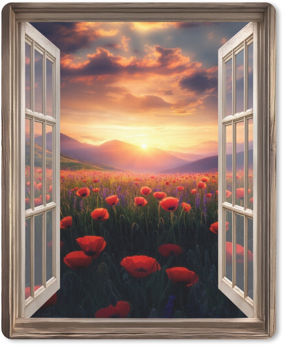 Muismat 19x23 cm - Mousepad Doorkijk - Klaprozen - Bloemen - Rood - Open raam - Muismatten