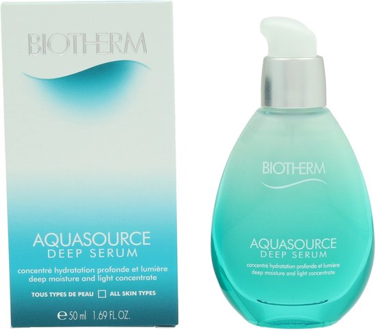 Biotherm Aquasource Deep Serum fles en verpakking, teal kleurverloop, heldere pompkop.