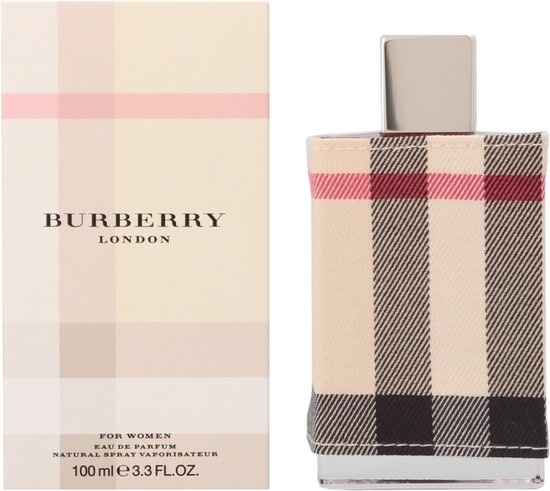 Burberry London Eau de Parfum voor dames, 100 ml. Fles met beige ruitenstof en beige doos met roze en grijze ruit.