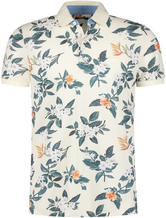 Lichtgeel poloshirt met tropische bloemenprint in groen, oranje en wit. Korte mouwen, kraag.