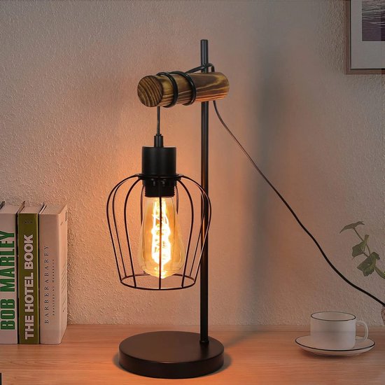 NETTLIFE Tafellamp Hout E27 - Vintage - zwart - Metaal en Hout - Retro bedlamp - kooi Lampenkap - incl. schakelaar - voor Slaapkamer | woonkamer | Kantoor - Zonder lichtbron