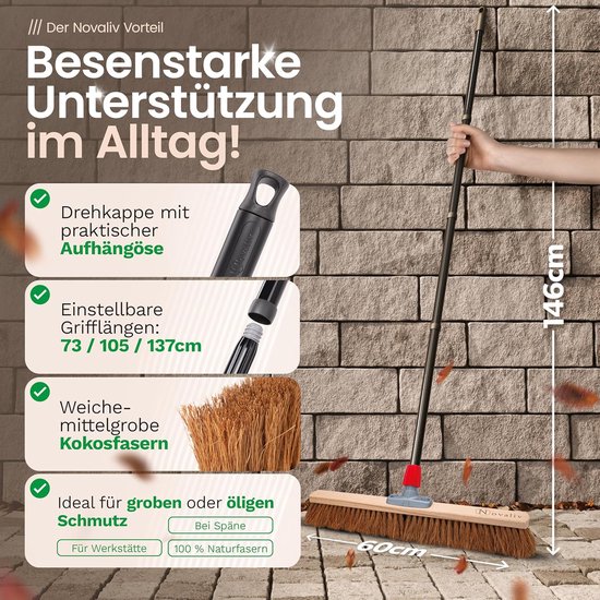 Novaliv kokosbezem 60 cm met steel kokosharenbezem natuurharen met steel ideaal als werkplaatsbezem halbezem industriële bezem huisbezem veegbezem schildersbezem haarbezem terrasbezem zacht van Novaliv — afbeelding 3