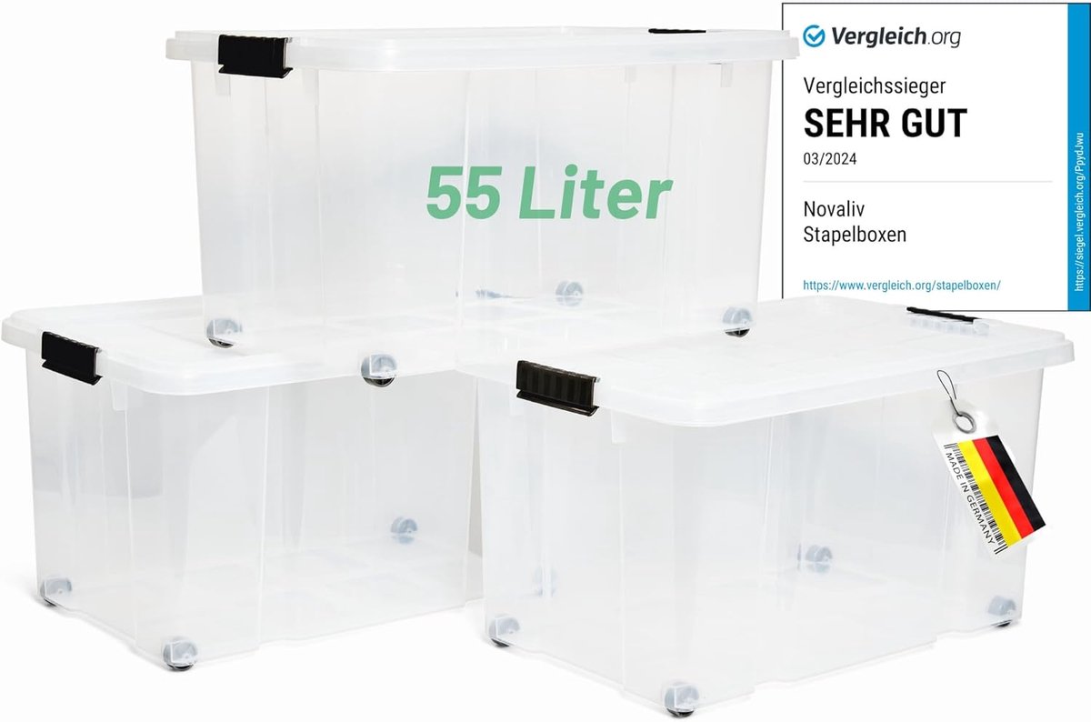 Novaliv 3x opbergdozen met deksel, groot 55L, transparant, nestbaar, stapelbaar met clipsluiting, roldozen, kunststof, BPA-vrij, 61x40x32,5 cm