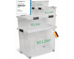 Novaliv 7-delige set opbergdozen met deksel, transparant, 1x80L + 2x 15L + 2x 5L + 2x 2L, nestbaar, stapelbaar, clipsluiting, roldozen, BPA-vrij