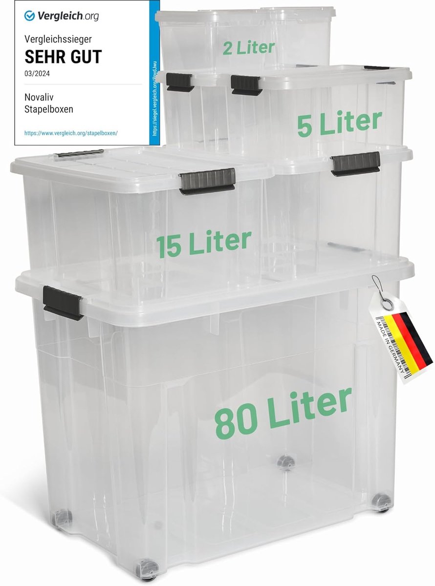 Novaliv 7-delige set opbergdozen met deksel, transparant, 1x80L + 2x 15L + 2x 5L + 2x 2L, nestbaar, stapelbaar, clipsluiting, roldozen, BPA-vrij
