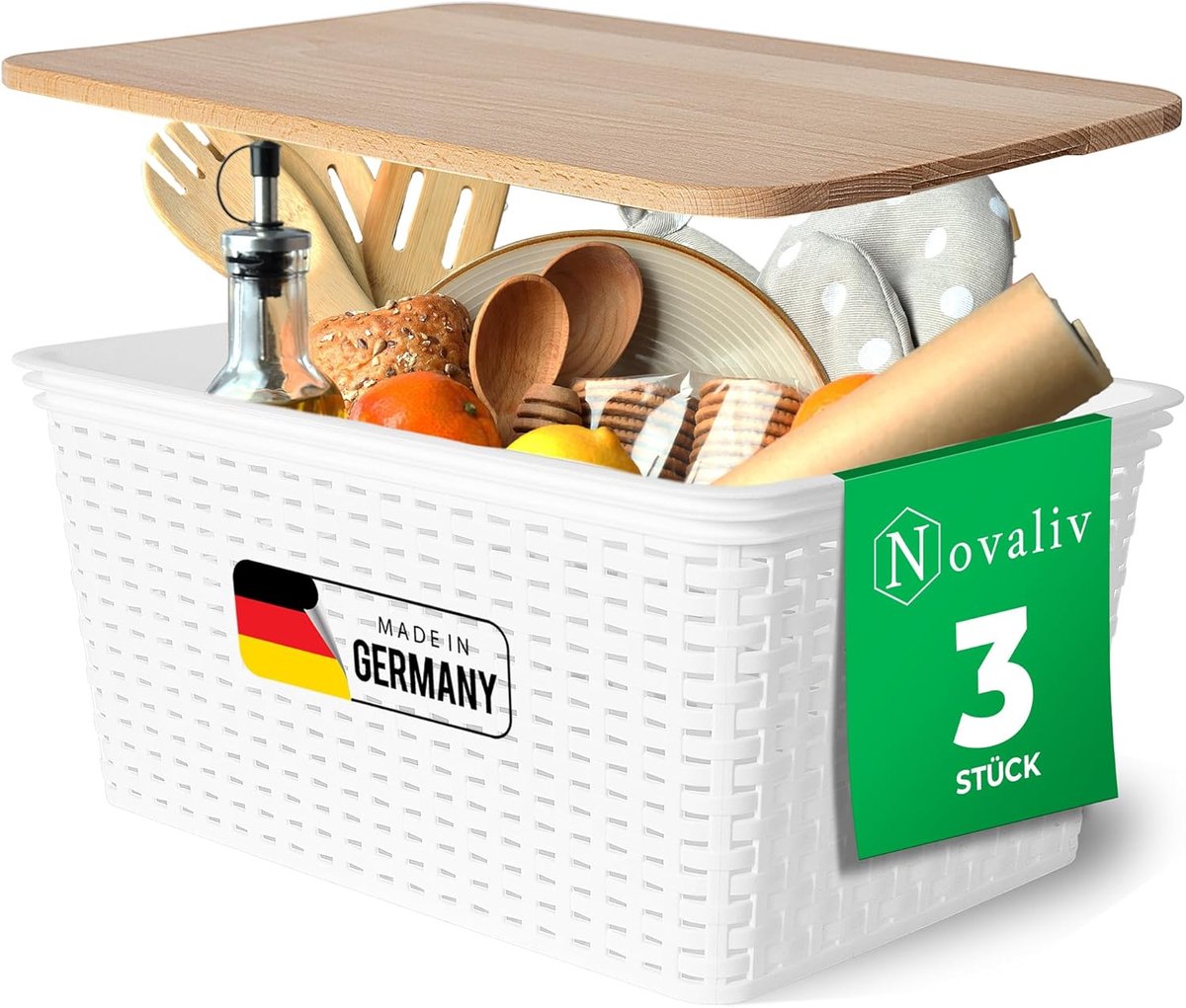 Novaliv Set van 3 opbergdozen met houten deksels Keuken 14L Wit Plastic Rotan Look Keukenopslag & Organisatie BPA-vrij Kastorganizer Opbergdozen voor theezakjes Snacks Specerijen