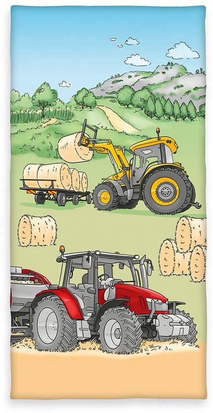 Badlaken met tekening van een gele wiellader die balen hooi laadt en een rode tractor.