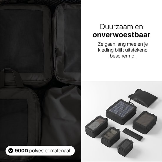 Een verzameling van zwarte ONYX packing cubes van verschillende groottes met mesh vensters.