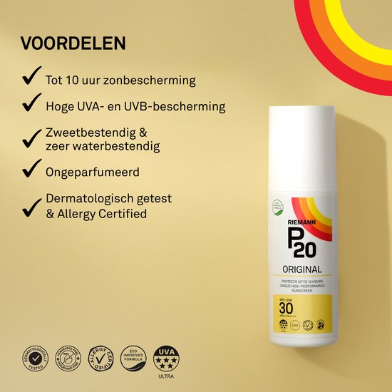 Voordelen van P20 Original: tot 10 uur zonbescherming, hoge UVA/UVB-bescherming, zweet- en waterbestendig, ongeparfumeerd, dermatologisch getest.