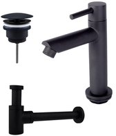 FugaFlow Eccelente Sobrado Badkamer fonteinkraanset met staande fonteinkraan laag, always open plug en design sifon Mat Zwart