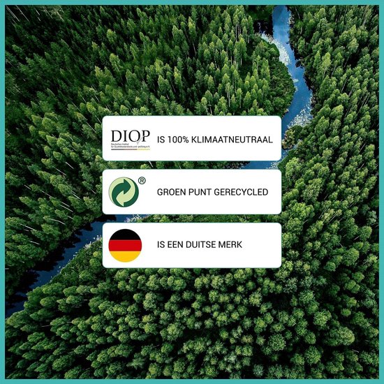 Informatie over duurzaamheid: 100% klimaatneutraal, recyclebaar, Duits merk, afgebeeld tegen een bosachtergrond.