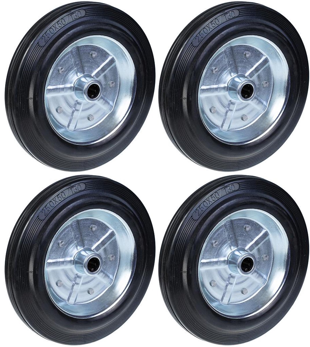 250 mm (10") zwart rubberen wiel met een hartgat van 20 mm in geperst staal, 210 kg - Set van