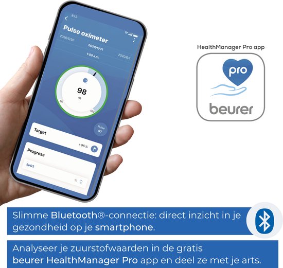 Beurer PO 60 Bluetooth® Saturatiemeter – Pulse-Oximeter voor Vinger – Meet Zuurstofgehalte & Hartslag – Kleurendisplay – beurer HealthManager Pro App – Klinisch Getest & Medisch Gecertificeerd – Incl. Batterijen – 5 Jaar Garantie