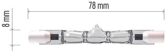 Lineaire halogeenlamp van 78mm lang en 8mm breed, met dubbelzijdige R7s fitting.