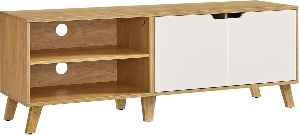 Vasagle Tv-kast, televisietafel met 2 deuren, 140 cm lang, tv-rek voor televisies tot 60 inch, verstelbare kast, voor woonkamer, eetkamer en slaapkamer, natuurlijk eikenkleuren, crèmewit