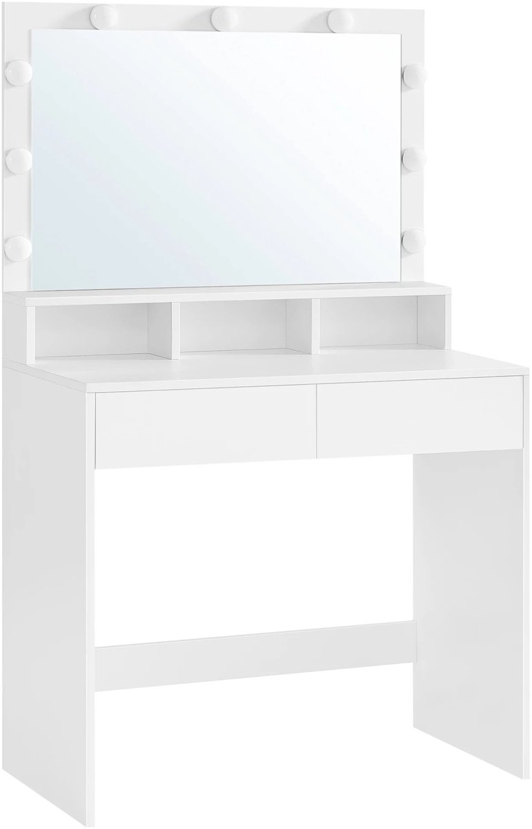 Mila Shop Kaptafel met spiegel en verlichting - Met 9 Led lampen - Verstelbare helderheid - Spiegel - 2 Laden - 3 Open Compartimenten Laden - Wit - 80 x 40 x 140 cm (L x B x H)