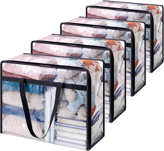 Lot de 4 sacs de rangement transparents pour vêtements, 60 L, pliables, en PVC, avec fermeture éclair, pour couvertures et couettes, 60 x 42 x 24 cm