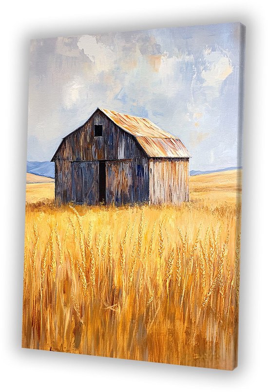 Oude schuur in graanveld - Schuur schilderijen canvas - Schilderijen canvas architectuur - Realisme - Klassieke schilderijen - Kunst aan de muur - canvas 50x70 cm