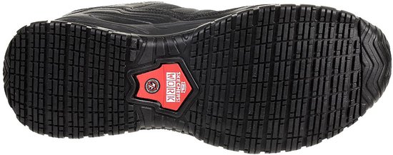 Zwarte werkschoen zool met antislip profiel en rode Skechers Work inzet.