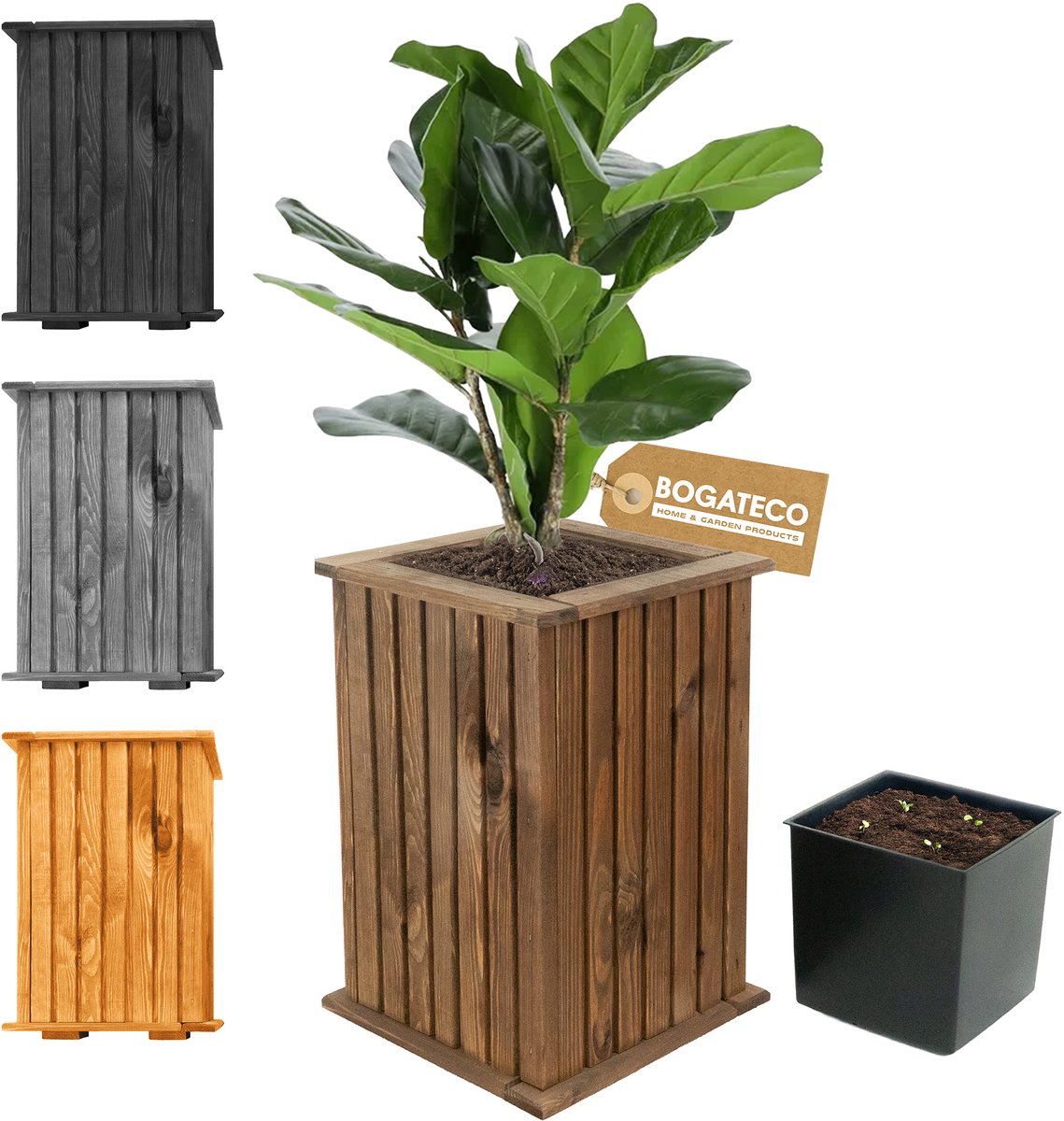 BOGATECO houten bloembak | Plantenbak | Bloempot 40 x 25 x 25 cm | Kruidenpot voor huis tuin balkon terras | Pot met kunststof inzetstuk | Waterdicht | Donkerbruin