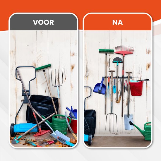 TTD® Luxe XXL Bezemhouder en Bezem Ophangsysteem voor Gereedschap - Bezemhouder Zelfklevend - Gereedschapshouder - Schoonmaak - 5 Ophanghaken & 6 Gereedschapsklemmen - Opbergsysteem - Tuingereedschap - Klussen - 62 CM - RVS - Inclusief 3M tape van TTD® — afbeelding 4