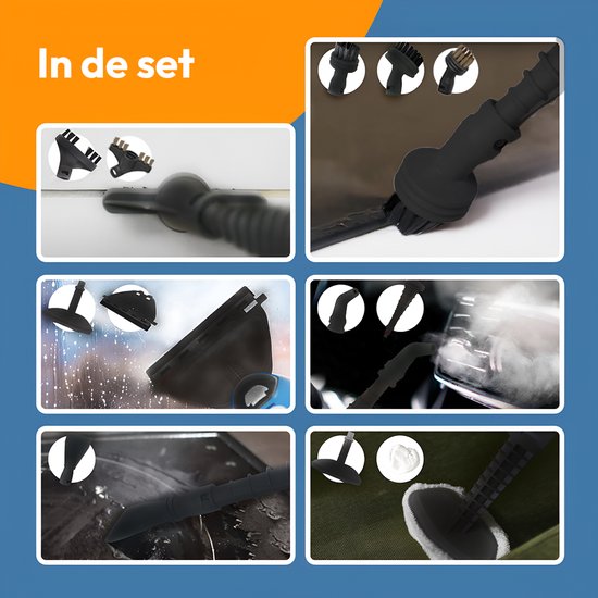 Collage van accessoires voor de stoomreiniger, inclusief borstels, mondstukken voor voegen, raambeglazing, textiel en een kierenzuiger. "In de set".