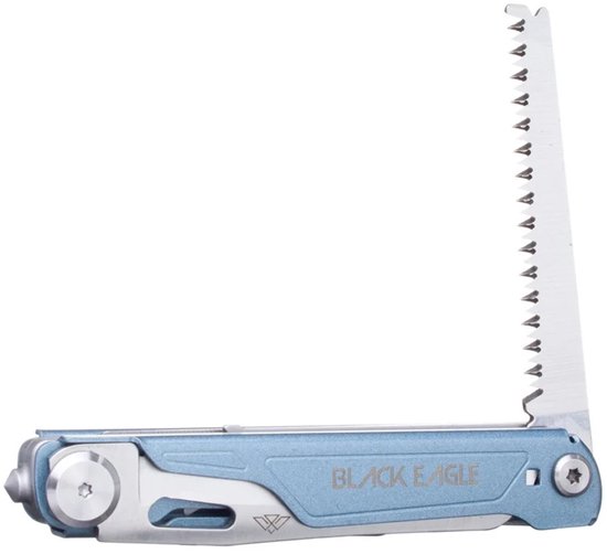 Blauw Black Eagle multitool met zaag opengeklapt op witte achtergrond.
