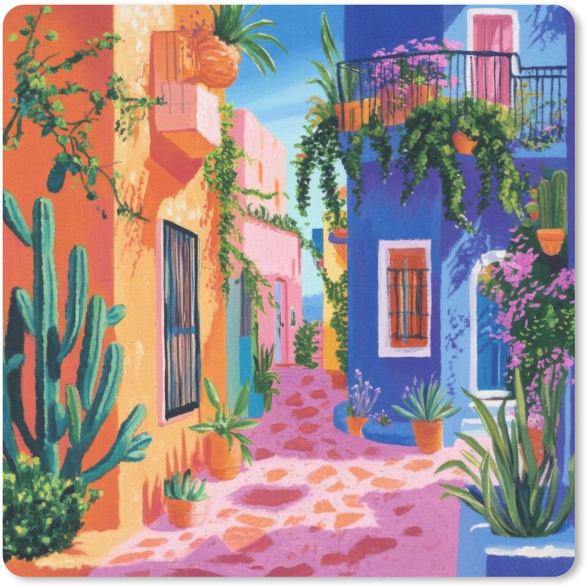 Muismat 20x20 cm - Mousepad Geel - Blauw - Oranje - Huis - Muismatten