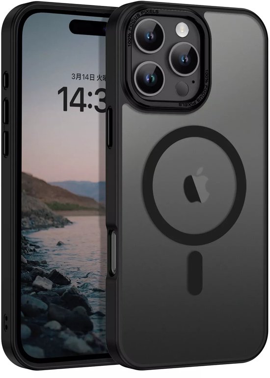 Donkere, matte iPhone-hoes met een glanzend zwart frame en cirkelvormige MagSafe-uitlijning.