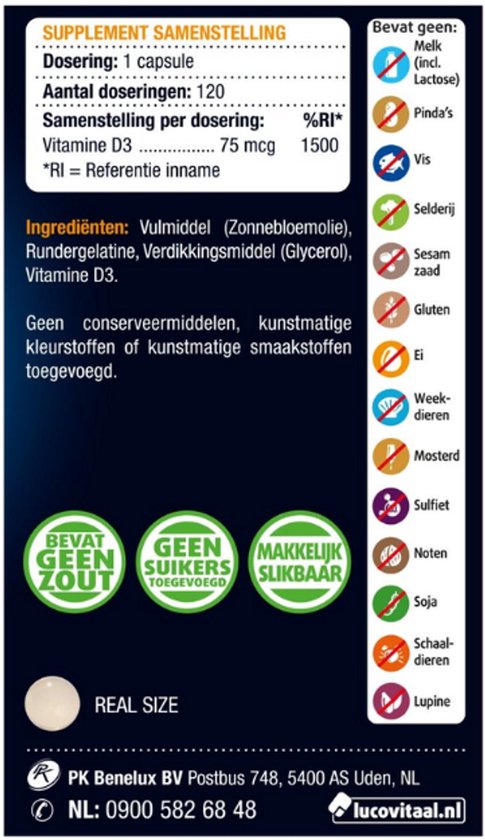 Achterkant van de verpakking met supplement samenstelling, ingrediënten en allergenen. "REAL SIZE" capsule.