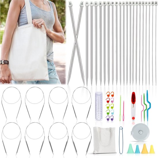 Breinaalden Set 55-Delig / Rondbreinaalden (80cm) & Breinaalden met Knop / Incl. Opbergtas & Accessoires / Breipennen