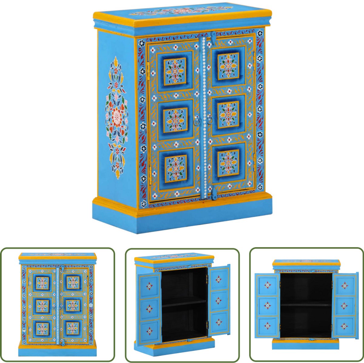 The Living Store Wandkast handgeschilderd massief mangohout turquoise - Wandkast - Vintage Kast - Retro Design - Mangohout - Blauwe Kast